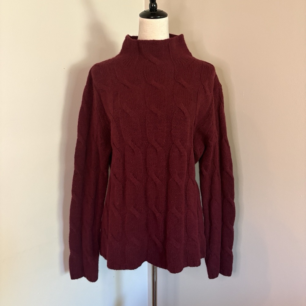 VTG 90s Eddie Bauer Lambswool Angora Cable Knit Mock Neck Sweater Made in UK XL